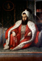 Ottomaanien valtakunta: "Sultaani Selim III:n yleisö". 1803. Constantine Capidagli öljy kankaalle. Paras Sarayi Istanbulin kirjasto