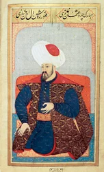 Ottomaanien valtakunta: muotokuva ensimmäisestä sulttaani Osman I:stä (1258-1326) Miniatyyri Seyyid Lokman Husseinin käsikirjoituksesta "Ihmisen fysiognomia (Ottoman ottomaanien henkilökohtaisista järjestelyistä). (Ms. ty6087 folio 21b)