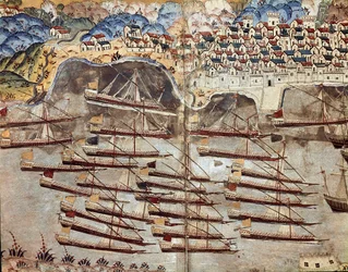 Ottomaanien valtakunta: esitys Barberossan laivastosta (Khizir Khayr ad-din (Barbaros Hozor Hayreddin Pasha tai Pasa tai Chair ad Din, Chaireddin tai Cheireddin) (1466-1546), yksityismies, vastapäätä Nizzan kaupunkia 