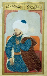 Osmanien valtakunnan sulttaani Mehmed II:n (Mehmet II Valloittaja eli Mehmed II Fatih) (1430-1481) muotokuva. Miniatyyri Seyyid Lokman Husseinin käsikirjoituksesta ”Ihmisen fysiognomia (osmanien henkilökohtaisista taipumuksista)”. Ms. ty6087, folio