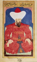 Ottomaanien valtakunnan sulttaani Orhan (Orkhan tai Urchan) I (1281-1360) muotokuva Seyyid Lokman Husseinin käsikirjoituksesta "Ihmisen fysiognomia (Ottoman ottomaanien henkilökohtaisista järjestelyistä). (Ms. ty6087 folio 25b)