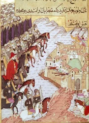 Toinen ristiretki (1147-1149): ristiretket Aleppon kaupungin edessä Syyriassa. 1500-luvun miniatyyri. Topkapi Sarayi Istanbul
