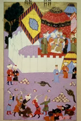 Sulttaani Murad I:n (1326-1389) salamurha serbialaisen ritari Milos Obilic (Kobilic tai Kobilovic) (kuoli 1389) toimesta Kosovon taistelussa sen jälkeen, kun ottomaanit voittivat serbien pienoismallin Lokmanin "Hunername", voi. 1 (H 1523, f.7) 1584 To
