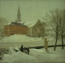 Näkymä taiteilijan asunnosta Løwenerin kartanossa Christianshavnissa. Talvipäivä lumella