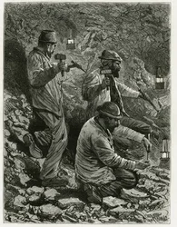 Kaivostyöläiset louhivat hiiltä suoneen. Feratin kaiverrus havainnollistamaan tarinaa "Belgia", Camille Lemonnierin (1844-1913) belgialainen kirjailija. Julkaistu Le Tour du monde, nouveau journal des voyages, 2. lukukausi 1884, toimittanut Edouard Charton