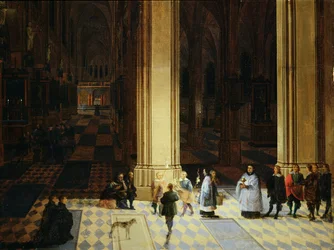 Antwerpenin katedraalin sisätilat yöllä, 1600-luvun puoliväli (öljy paneelille).