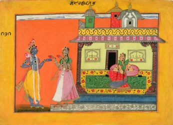 Krishna saapumassa Radhasin taloon, kuvitus Bhanudattan Rasamanjarin käsikirjoituksesta, basholi-tyyli, n. 1660-70