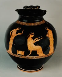 Kolme muusaa. Punahahmoinen oenochoe ...