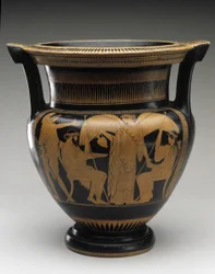 Punainen hahmo Pylväs Krater Zeuksen ja Heran kohtauksella, 480-460 eKr. (terrakotta)