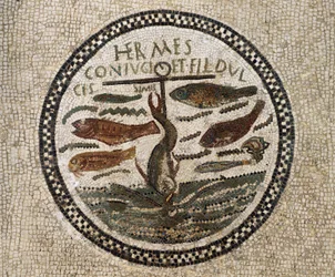 Mosaiikki ankkurilla kalojen ympäröimänä, Kristuksen ja hänen seuraajiensa symboli, Soussen katakombit, Tunisia, Varhaiskristillinen aika, 4. vuosisata
