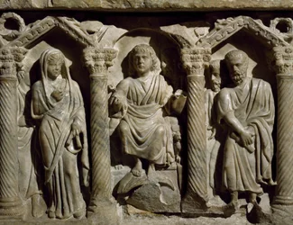 Varhaiskristillinen sarkofagi, joka tunnetaan myös nimellä Blessed Gilesin sarkofagi, marmori, San Bernardinon oratorio, Perugia, Umbria, yksityiskohta, Italia, 4. vuosisata