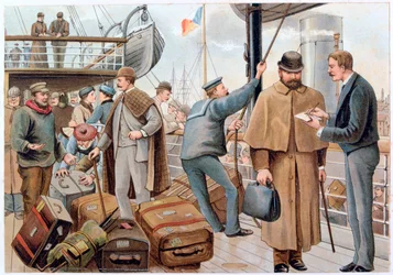 Matkustajat liittymässä P&O:n laivaan Thamesissa, n. 1890.