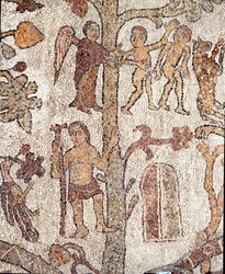 Aadam ja Eeva metsästävät papin ja mosaistin Pantaleonen Maan paratiisin mosaiikkia. 1163-1166. Otranton katedraalin keskuslaivo