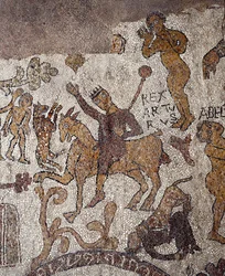 Kuningas Arthurin ja Percevalin kuvaus. Pappi ja mosaiikkitaiteilija Pantaleonen mosaiikki. 1163-1166. Otranton katedraalin keskilaiva (Otranto), Italia