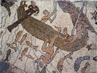 Profeetta Jonas on suihkukone mereen Yksityiskohta. Pantaleonen mosaiikki, pappi ja mosaiikki. 1163-1166. Otranton katedraalin keskuslaivo (Otranto), Italia