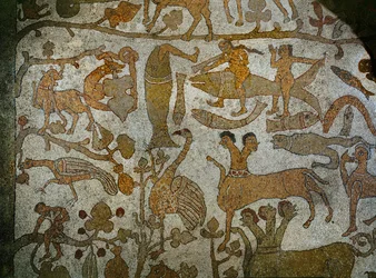 Intian pedot Intian valloittajan Aleksanteri Suuren kuvan yläpuolella, Otranton katedraalin mosaiikkilattiasta (mosaiikki).