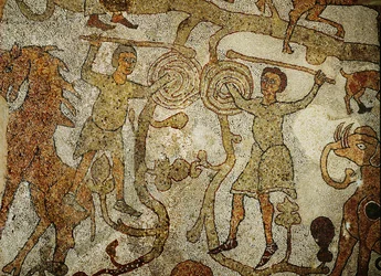 Kaksi soturia taistelee. Katedraalin mosaiikkilattia (mosaiikki).
