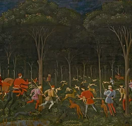 Metsästys metsässä, n.1465-70 öljy paneelille yksityiskohta 100861:stä
