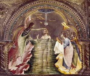 Jeesuksen kaste, yksityiskohta Santa Chiaran polyptikosta. (öljy puulle, noin 1350)