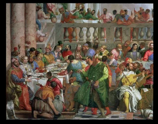 Kaanan hääjuhla, yksityiskohta juhlapöydästä, jossa on mies vihreässä kaapussa ja kääpiö papukaijan kanssa, n.1562 öljy kankaalle yksityiskohta kuvasta 94932.