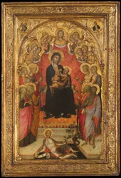 Madonna ja lapsi valtaistuimella evankelista Johannes, Pyhä Pietari, Pyhä Agnes..., 1385-90.