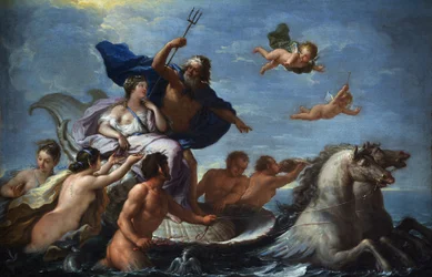 Neptunuksen ja Amfitriten riemuvoitto. Barokki, Italia, Napolin koulukunta, Villa Margherita, Bordighera, 51x76