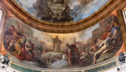 Paolo de Matteisin freskot vuodelta 1714 holvissa ja rummussa, jotka kuvaavat pyhimyksen elämää, San Cataldon kappeli katedraalissa, Taranto, Italia (kuva).
