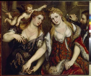 Flora, Venus, Mars ja Cupid (Flora, Venus, Mars ja Cupid). Paris Bordonen maalaus (1500-1571), öljy kankaalle, noin 1550. Italialainen taide (Venetsia)