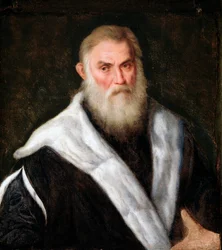 Muotokuva vanhasta miehestä turkki päällä Paris Bordonin maalaus (1500-1571) 1500-luku Koko 70x62 cm Genes Musei di Strada Nuova (ex Palazzo Rosso)