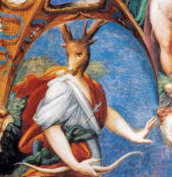 Actaeonin muuttuminen polttareiksi, Dianan ja Actaeonin myytistä, noin 1524, Francesco Mazzola, joka tunnetaan nimellä Parmigianino (1503-1540), fresko, Dianan ja Actaeonin huone, Rocca Sanvitale, Fontanellato, lähellä Parmaa, Emilia-Romagna, Italia