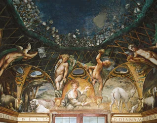 Ceres osallistuu tapahtumiin metsästyskoirien ja kerubien ympäröimänä Dianan myytistä ja Actaeonista
