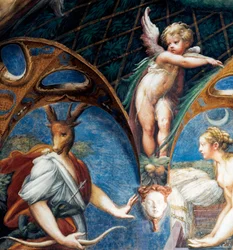 Diana muuttaa Actaeonin polttareiksi, yksityiskohta Dianan ja Actaeonin myytistä, noin 1524, Francesco Mazzola, Parmigianino (1503-1540), fresko, Dianan ja Actaeonin huone, Rocca Sanvitale, Fontanellato, lähellä Parmaa, Emilia-Romagna Italia