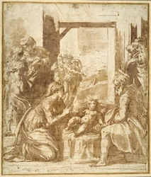The Nativity (kynä ja ruskea muste ruskealla pesulla valkoisella paperilla)