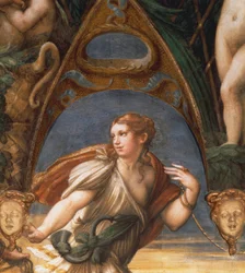 Pastorin takavarikoima nymfi, Francesco Mazzola, joka tunnetaan nimellä Parmigianino (1503-1540), fresko. Yksityiskohta. Rocca Sanvitale, Fontanellato, Emilia Romagna.
