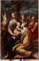Madonna ja lapsi, pyhä Margareeta, pyhä Mikael, pyhä Hieronymus ja pyhä Petronius (Petrone, Petronius). Francesco Mazzolan, lisänimeltään Il Parmigianino eli Parmalainen (1503-1540), maalaus, 1528-1529. Mitat: 222 x 147 cm. Bologna, Pinacoteca Nazionale.