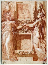 Kaksi kaneforia, jotka antavat kätensä, laatikoiden molemmilla puolilla Piirustus musteella, pesulla, verellä ja valkoisilla läppäillä Girolamo Francesco Maria Mazzola dit Parmigianino tai Le Parmesan