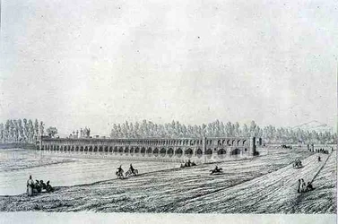 Allah Verdi Khanin silta Isfahanissa, Persian Voyage Pittoresquesta, kaivertanut Claude Sauvageot (1832-85), julkaissut Lemercier, Pariisi