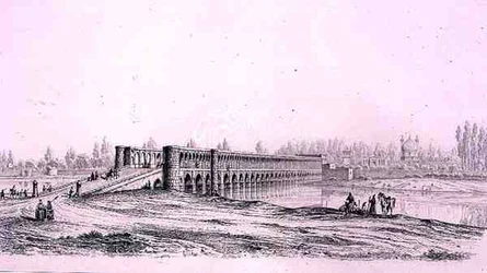 Allah Verdi Khanin silta Isfahanissa, Persian Voyage Pittoresquesta, kaivertanut Claude Sauvageot (1832-85), julkaissut Lemercier, Paris