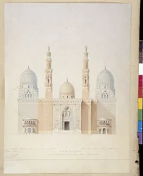 Arkkitehtuuri: Aleksandrian moskeijan pääjulkisivuprojekti. Egypti. Pascal Costen piirustus (1787-1879)