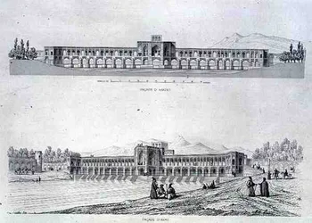 Hassan Beg Bridge Zeineroudilla Isfahanissa, Persian Voyage Pittoresquesta, kaivertanut Claude Sauvageot (1832-85), julkaissut Lemercier, Paris