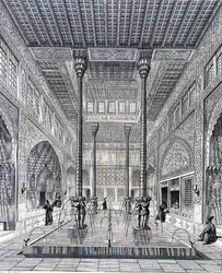 Isfahanissa sijaitsevan Chahar Baghin palatsin sisustus Persian Voyage Pittoresquesta, kaiverrettu Claude Sauvageot (1832-85) ja Jean Charles Huguet (s.1815), julkaisija Lemercier, Paris