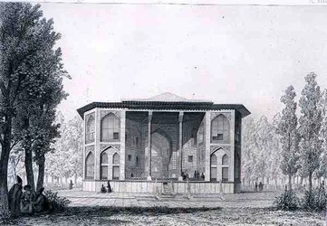 Kahdeksan paratiisin paviljonki Isfahanissa, Persian Voyage Pittoresquesta, kaiverrettu Jules Penel (s.1833) ja Joseph Durond (s.1816), julkaisija Lemercier, Paris