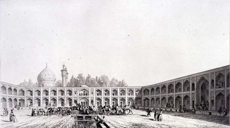 Caravanserai Shah Sultan-Hussein, Isfahan, levy 32 julkaisusta "Modern Monuments of Persia", kaiverrus Auguste Alexandre Guillaumot (1815-92) 1856 (litho)