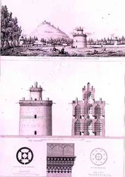 Näkymä ja yksityiskohdat kyyhkyspuusta Isfahanissa Persian Voyage Pittoresquesta, kaivertanut Claude Sauvageot (1832-85), julkaisija Lemercier, Paris