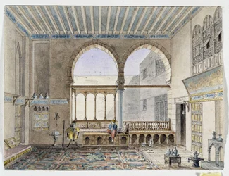 Näkymä Sheik Jabartin palatsin sisätiloihin. Pascal Costen akvarelli (1787-1879) Välimeren arkeologian museo, Marseille