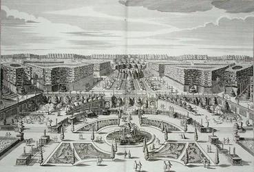 The Great Cascade of the Princely Pleasure Palace and Gardens, Berliini, kaiverrus Karl Remshard (1678-1735), julkaistu noin 1711-16 (kaiverrus)
