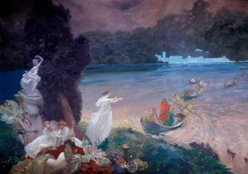 Happy Island: kohtaus sadusta, joka esittää veneitä, jotka liittyvät vieraisiin ruohikolla. Yksityiskohta Paul Albert Besnardin (1849-1934) maalauksesta tapetille. 1900. Paris, Decorative Arts
