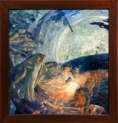 Totuus raahaa tieteitä valaisemaan ihmiskuntaa (Tietteitä kouluttava totuus seuraa sitä, katuu valoaan ihmisiin). Albert Besnardin (1849-1934) maalaus - Tieteiden perässä totuus ja valon tuominen ihmiskunnalle - Musee des Beaux-Arts de l