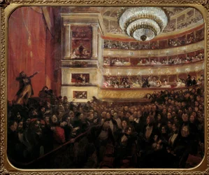 Hernani Ensiesitys Victor Hugon (1802-1885) teoksen "" Hernani" -esitys Comedie Francaisessa 25.2.1830. Paul Albert Besnardin (1849-1934) maalaus 1800-luvun aurinko. 1,05x1,22 m Pariisi, talo Victor Hugo