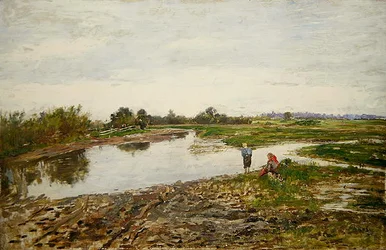 Maisema kolmella hahmolla (öljy puulle)